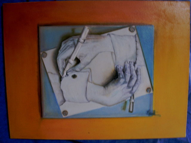 Плитка с ручной росписью в сюжете «Рисующие руки» М. Эшера