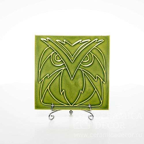 Изразец с декоративным рельефом сова в зеленом цвете арт:71059/53537. Фото: 1200x1200