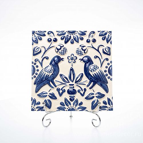 Изразец с рельефными птицами в темно-синей росписи коллекции Птицы 200х200 арт.:77012/50555/11831