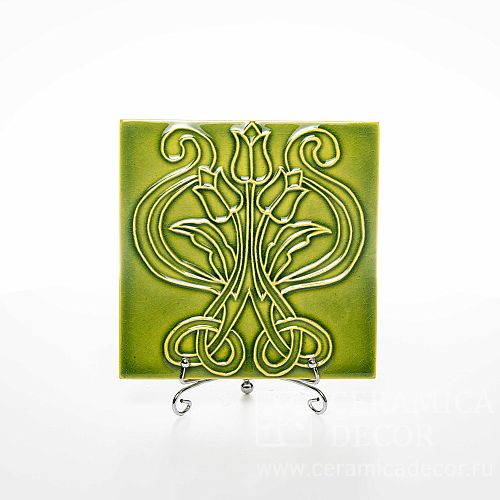 Изразец с декоративным рельефом цветок в зеленом цвете арт:71054/53537
