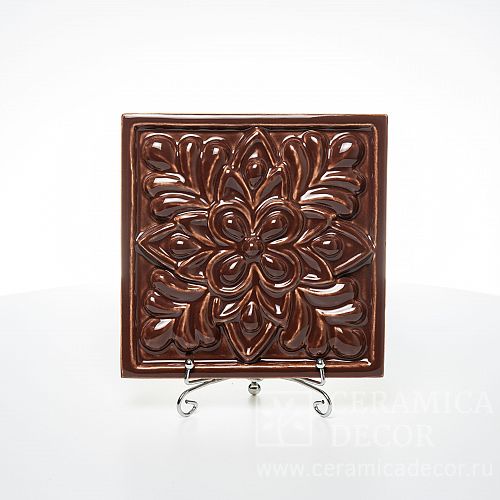 Изразец с лепным рельефом в цвете горький шоколад коллекции Элеганс 150х150 арт.:71010/50544