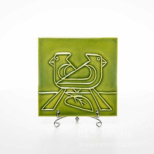 Изразец с декоративным рельефом птички в зеленом цвете арт:71057/53537