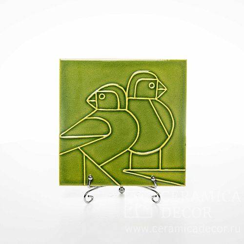 Изразец с декоративным рельфом птицы в зеленом цвете арт:71060/53537
