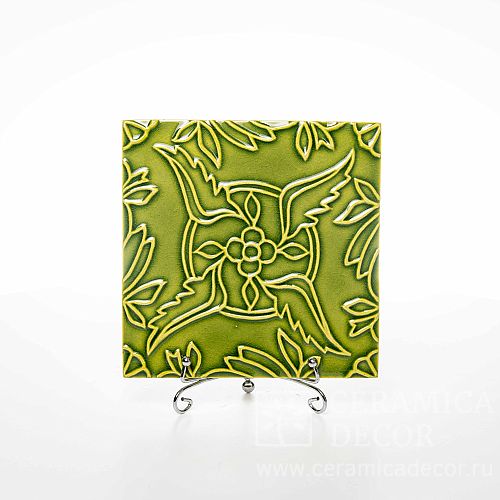 Изразец с декоративным рельефом в виде розетки в зеленом цвете арт:71048/53537