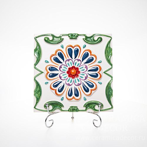 Изразец разноцветный с изображением синего цветка.. Фото 500x500