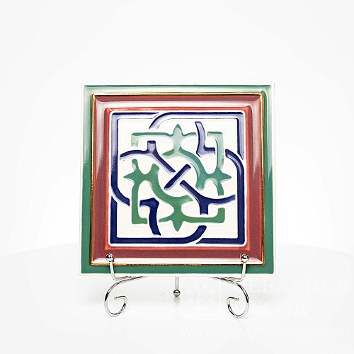 Изразец с лепным декоративным рельефом в зеленой окантовке с зеленой росписью коллекции Византия арт.:77458/52089/11926g. Фото: 1200x1200