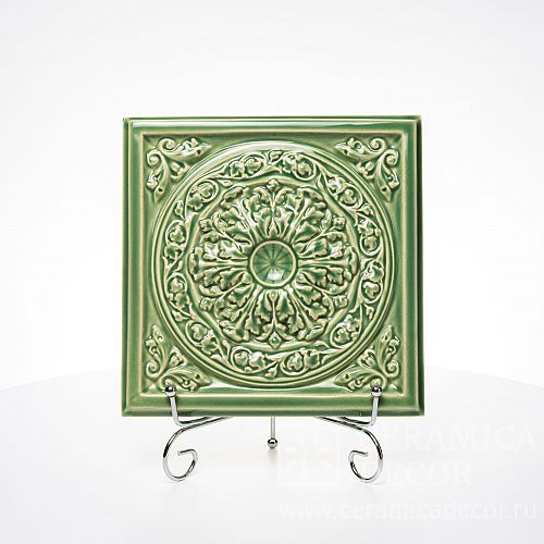 Зелёный поливной изразец с лепным рельефом коллекции Дорф арт.:77275/50892