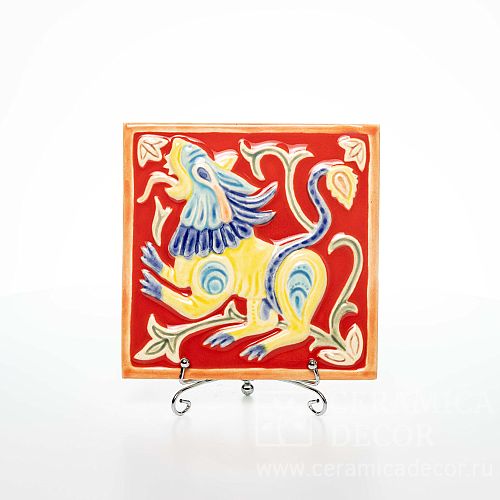 Древнерусский изразец красного цвета с желтой росписью рельефный коллекции Сувенир арт.:71140/50555/11940-1. Фото: 1200x1200