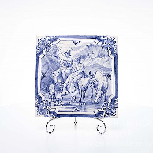 Голландский изразец с росписью в синем цвете прогулка на лошадяx 20x20 коллекции Камея арт.:77002/52089/11823-3. Фото: 1200x1200