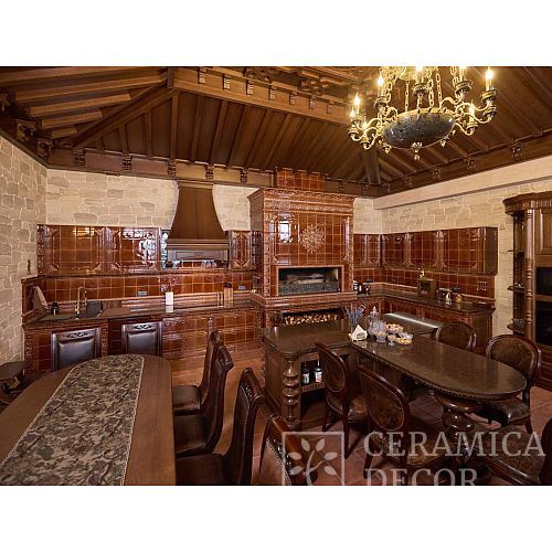 Эксклюзивная кухня с мангалом в изразцовой облицовке. Артикул: 5268 в интерьере. Галерея работ студии CeramicaDecor. Фото 500x500