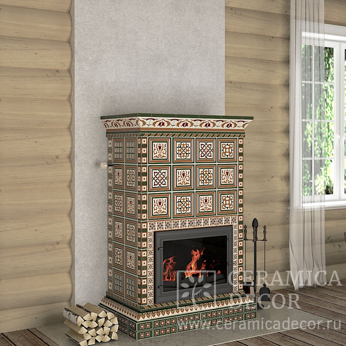 Изразцовая печь камин для дачи и дома Византия. Декоративная палитра:  Оливковая. Фото: 1200x1200