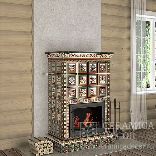 Изразцовая печь камин для дачи и дома Византия. Декоративная палитра:  Оливковая. Фото 500x500