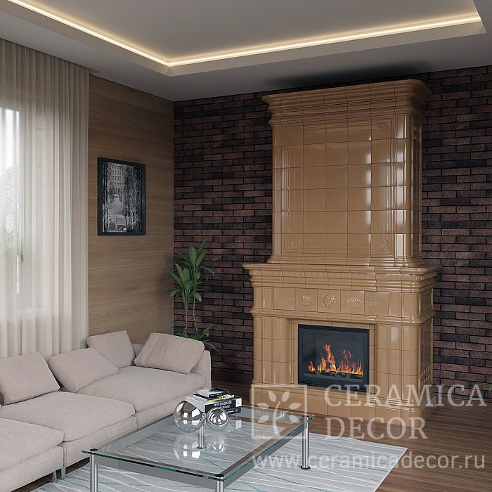 Облицовка для камина, коллекция: "Лион" в глазури Карамель. Фото: 1200x1200
