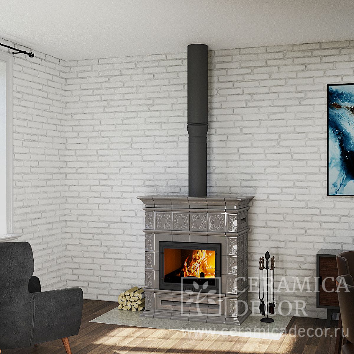 Изразцовая печь камин для дачи и дома Балтия. Цвет глазури: Серый графит. Фото: 1200x1200