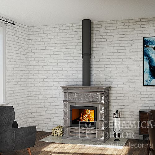 Изразцовая печь камин для дачи и дома Балтия. Цвет глазури: Серый графит. Фото 500x500