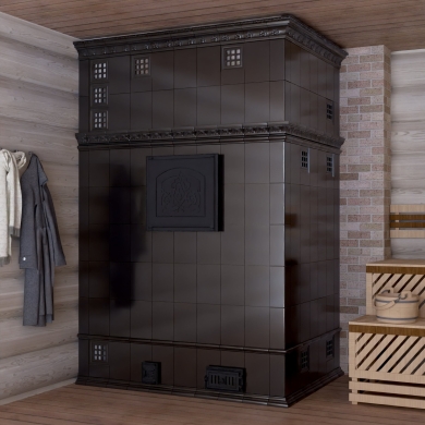 Проект облицовки банной печи в коричневых изразцах.