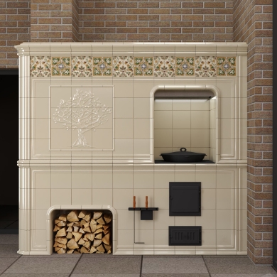 Проект облицовки печного комплекса с казаном и изразцами из коллекции Птицы.